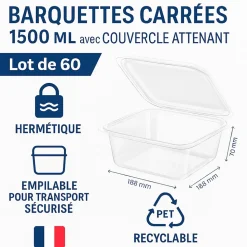 240 Barquettes à Salade Carrées 1500 ml à Couvercle Attenant 188x188xH.70mm en PET Empilables, Hermétiques, s - D-Work