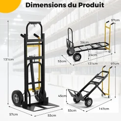 3 en 1 Chariot Diable à Main en Métal avec Roues en Caoutchouc Universelles Capacité 450 kg Chariot Pliable Industriel