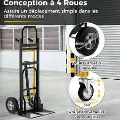 3 en 1 Chariot Diable à Main en Métal avec Roues en Caoutchouc Universelles Capacité 450 kg Chariot Pliable Industriel