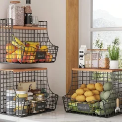 3 Panier Corbeille à Fruits Murale Cuisine avec Couvercle Bois