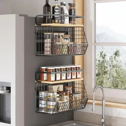 2 Panier Corbeille à Fruits Suspendu Cuisine avec Couvercle Bois