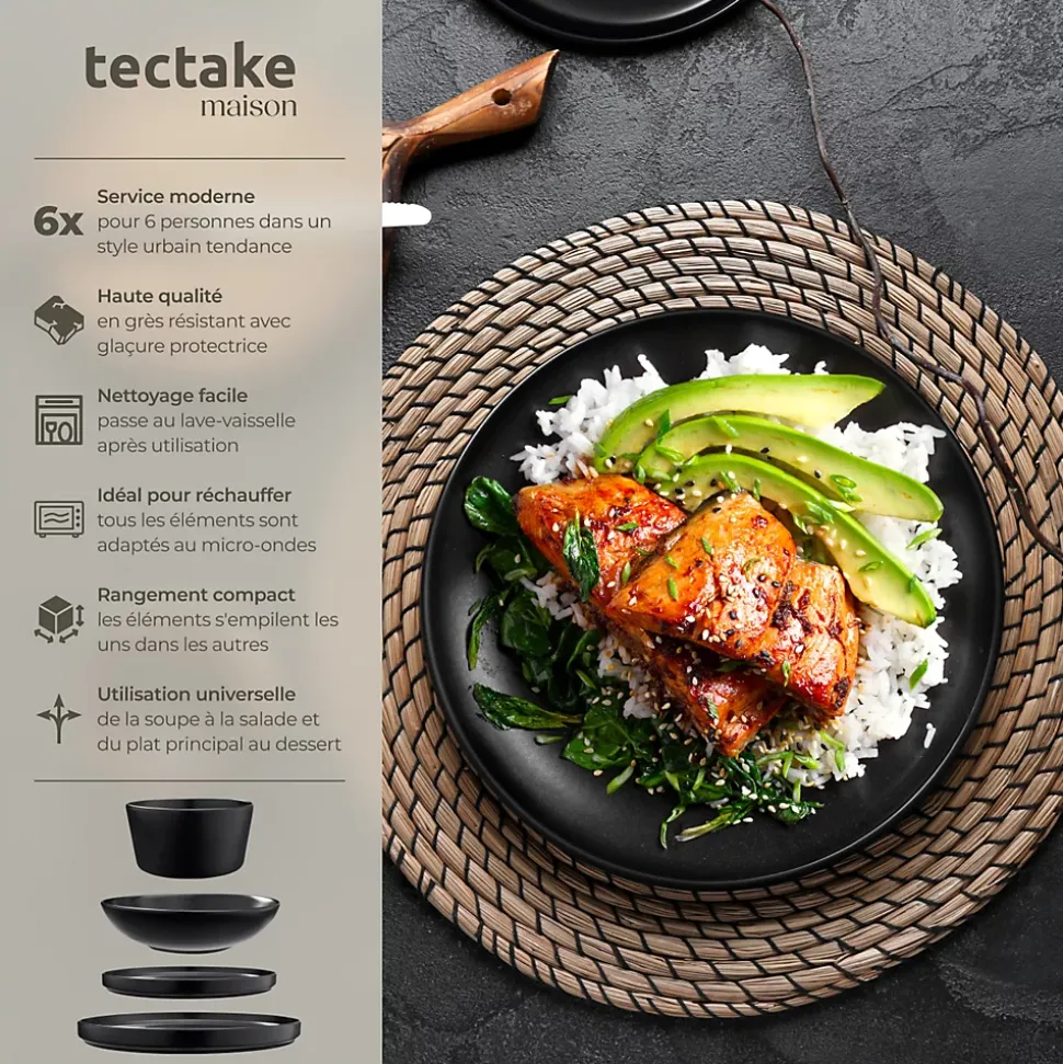 24 pièces service de table en grès pour 6 personnes noir