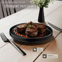 24 pièces service de table en grès pour 6 personnes noir