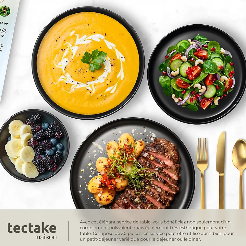 24 pièces service de table en grès pour 6 personnes noir