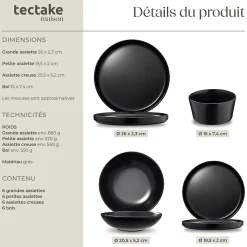 24 pièces service de table en grès pour 6 personnes noir