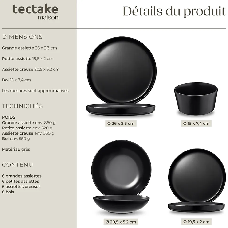 24 pièces service de table en grès pour 6 personnes noir