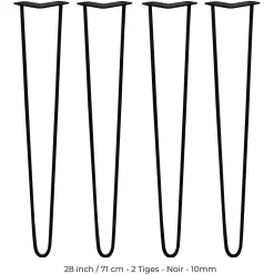 4 Pieds de Table en Épingle à Cheveux 71cm 2 Tiges 10mm Fini Noir