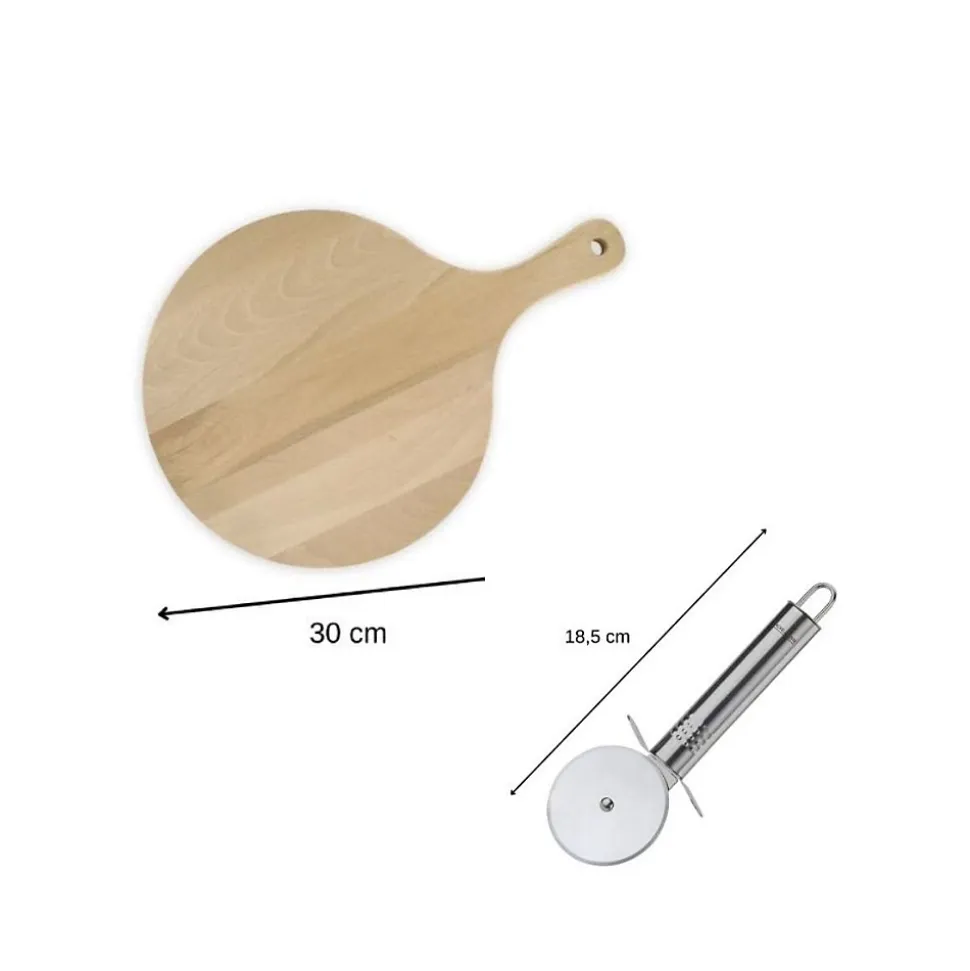 4 Planches à pizza et tarte flambée en bois 30 cm et Roulette à pizza en inox Fackelmann