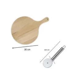 6 Planches à pizza et tarte flambée en bois 30 cm et Roulette à pizza en inox Fackelmann