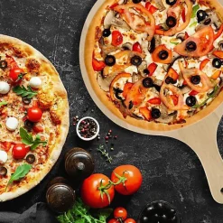 2 Planches à pizza et tarte flambée en bois 30 cm et Roulette à pizza en inox Fackelmann