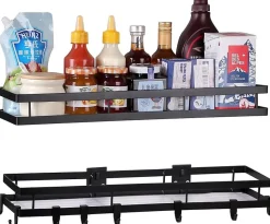 2 Porte Epices Mural Sans Perçage de 50 cm avec 8 Crochets Amovibles noir