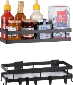 2 Porte Epices Mural Sans Perçage de 30 cm avec 8 Crochets Amovibles noir