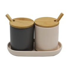 2 pots à épices en céramique avec couvercles et cuillères en bambou Box & Beyond