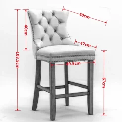 2 Tabourets Bar Velours Noir - Pieds Bois, Clous