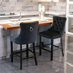 2 Tabourets Bar Velours Noir - Pieds Bois, Clous