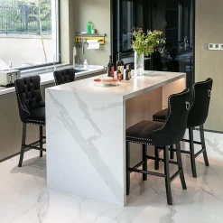 2 Tabourets Bar Velours Noir - Pieds Bois, Clous