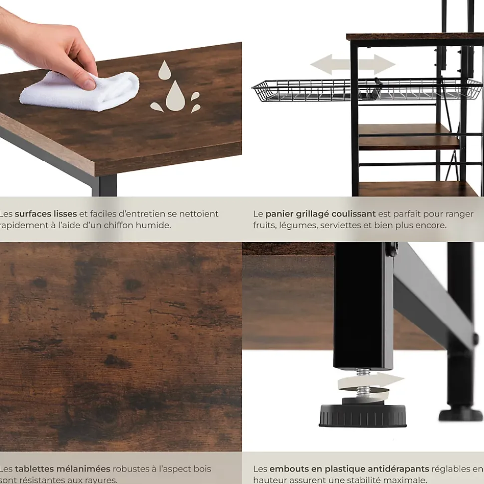 6 Étagères de cuisine style industriel et panier coulissant Bois foncé