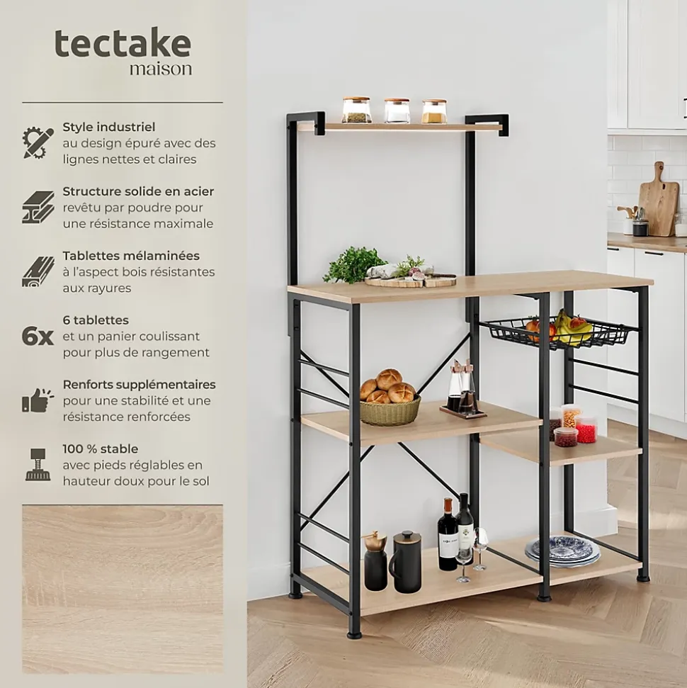 6 Étagères de cuisine style industriel et panier coulissant Bois clair