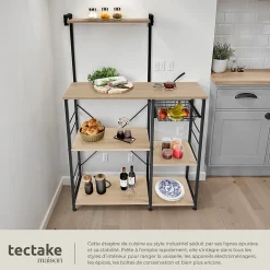 6 Étagères de cuisine style industriel et panier coulissant Bois clair