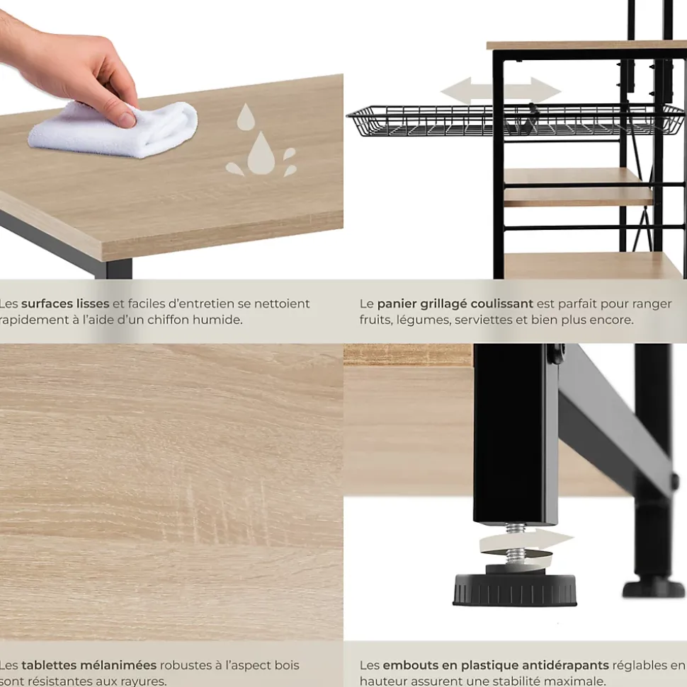 6 Étagères de cuisine style industriel et panier coulissant Bois clair