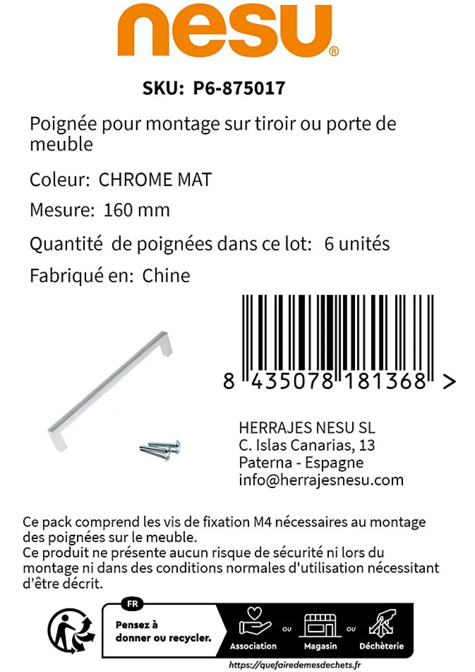 6 Un. poignées de meuble chromé mat cuisine tiroir armoire - entraxe 160MM