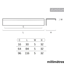 6 Un. poignées de meuble cuisine et salle de bain profil aluminium anodisé Ext. 116X8MM - - entraxe 96MM