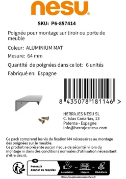 6 Un. poignées de meuble cuisine et salle de bain profil aluminium anodisé Ext. 84X8MM - - entraxe 64MM