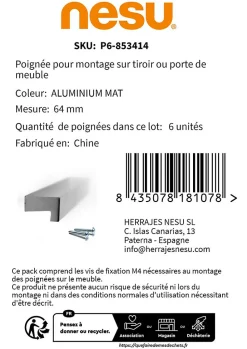 6 Un. poignées de meuble cuisine et salle de bain profil aluminium anodisé Ext. 88X12MM - - entraxe 64MM