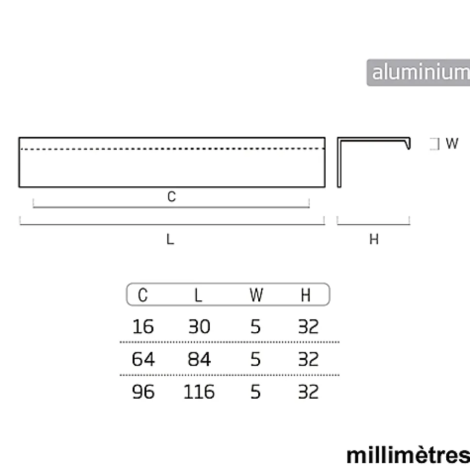 8 Un. poignées de meuble cuisine et salle de bain profil aluminium anodisé Ext. 30X8MM - - entraxe 16MM