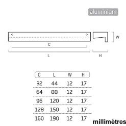 6 Un. poignées de meuble cuisine et salle de bain profil aluminium anodisé Ext. 44X12MM - - entraxe 32MM