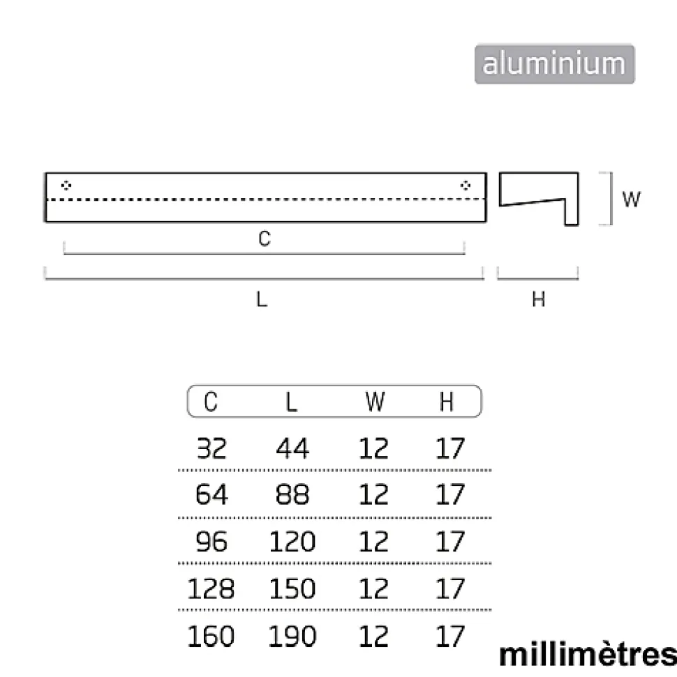 6 Un. poignées de meuble cuisine et salle de bain profil aluminium anodisé Ext. 44X12MM - - entraxe 32MM