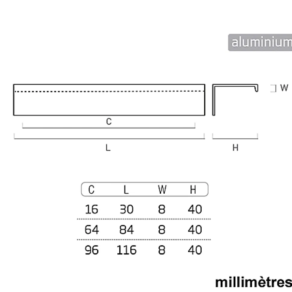 6 Un. poignées de meuble cuisine et salle de bain profil aluminium anodisé Ext. 116X8MM - - entraxe 96MM