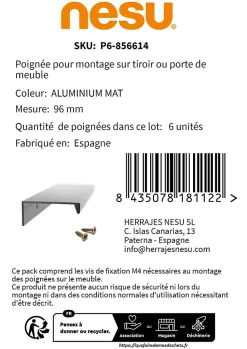 6 Un. poignées de meuble cuisine et salle de bain profil aluminium anodisé Ext. 116X8MM - - entraxe 96MM