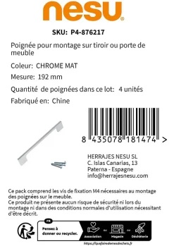 4 Un. poignées de meuble en 192MM chromé mat cuisine tiroir armoire