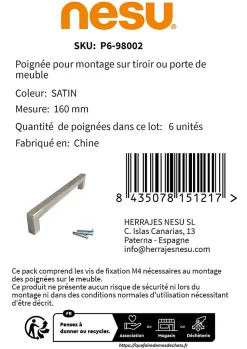 6 Un. poignées de meuble en acier inoxydable qualité AISI-304 cuisine salle de bain- entraxe 160MM
