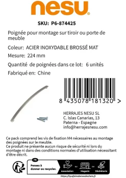 6 Un. poignées de meuble en acier inox mat de cuisine tiroir armoire - entraxe 224MM