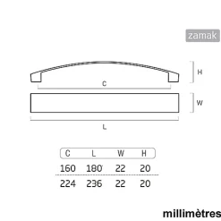 4 Un. poignées de meuble en nickel brossé de - entraxe 224MM
