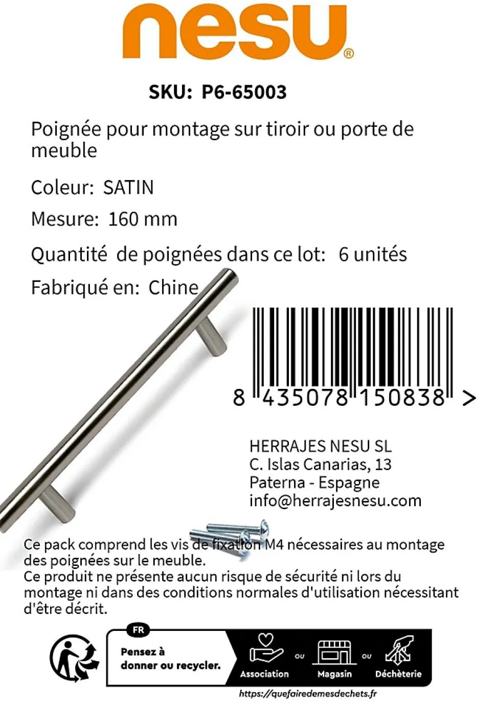 6 Un. poignées de meuble en acier inoxydable qualité AISI-304 cuisine et salle de bain- entraxe 160MM
