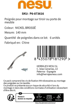 6 Un. poignées de meuble en nickel brossé de - entraxe 96MM