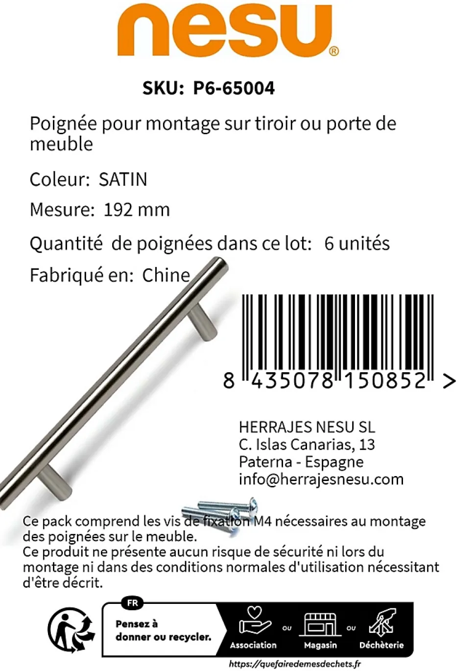 6 Un. poignées de meuble en acier inoxydable qualité AISI-304 cuisine et salle de bain- entraxe 192MM