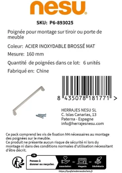 6 Un. poignées de meuble en 160MM inox mat cuisine porte tiroir armoire