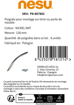 8 Un. poignées de meuble en zamak nickel mat pour tous les types et armoire - entraxe 128MM