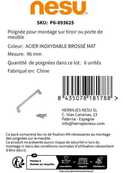 6 Un. poignées de meuble en 96MM inox mat cuisine porte tiroir armoire