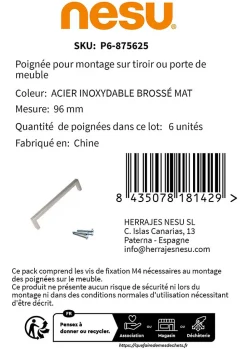 6 Un. poignées de meuble en 96MM acier inox mat cuisine tiroir armoire