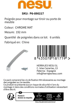 6 Un. poignées de meuble en 192MM chromé mat cuisine porte tiroir armoire