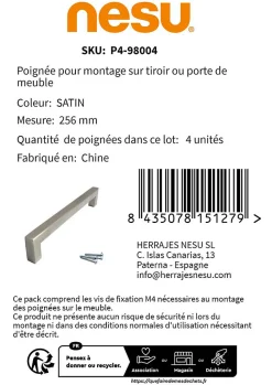 4 Un. poignées de meuble en acier inoxydable qualité AISI-304 cuisine salle de bain- entraxe 256MM