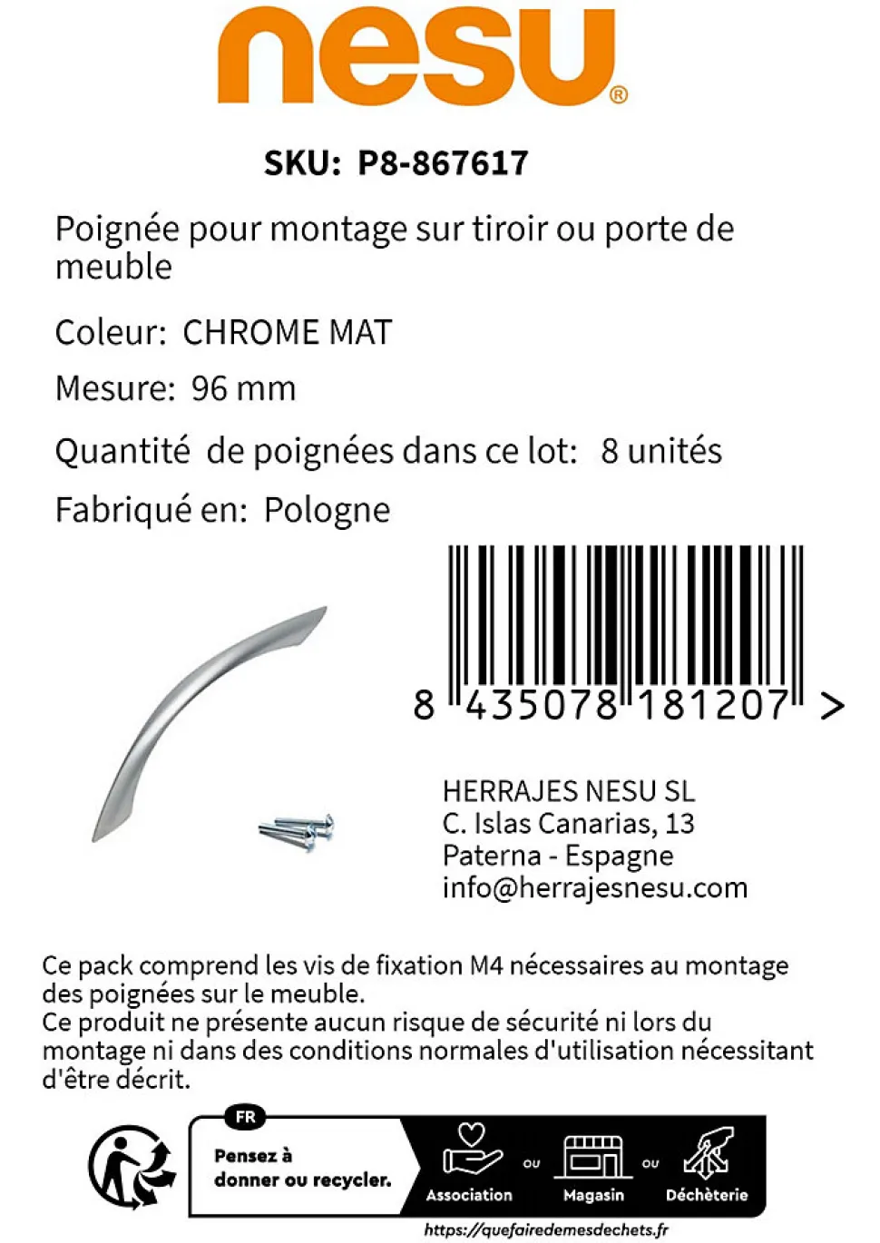8 Un. poignées de meuble en zamak chromé mat pour tous les types et armoire - entraxe 96MM