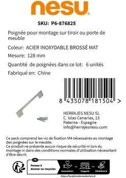 6 Un. poignées de meuble en 128MM inox mat cuisine tiroir armoire