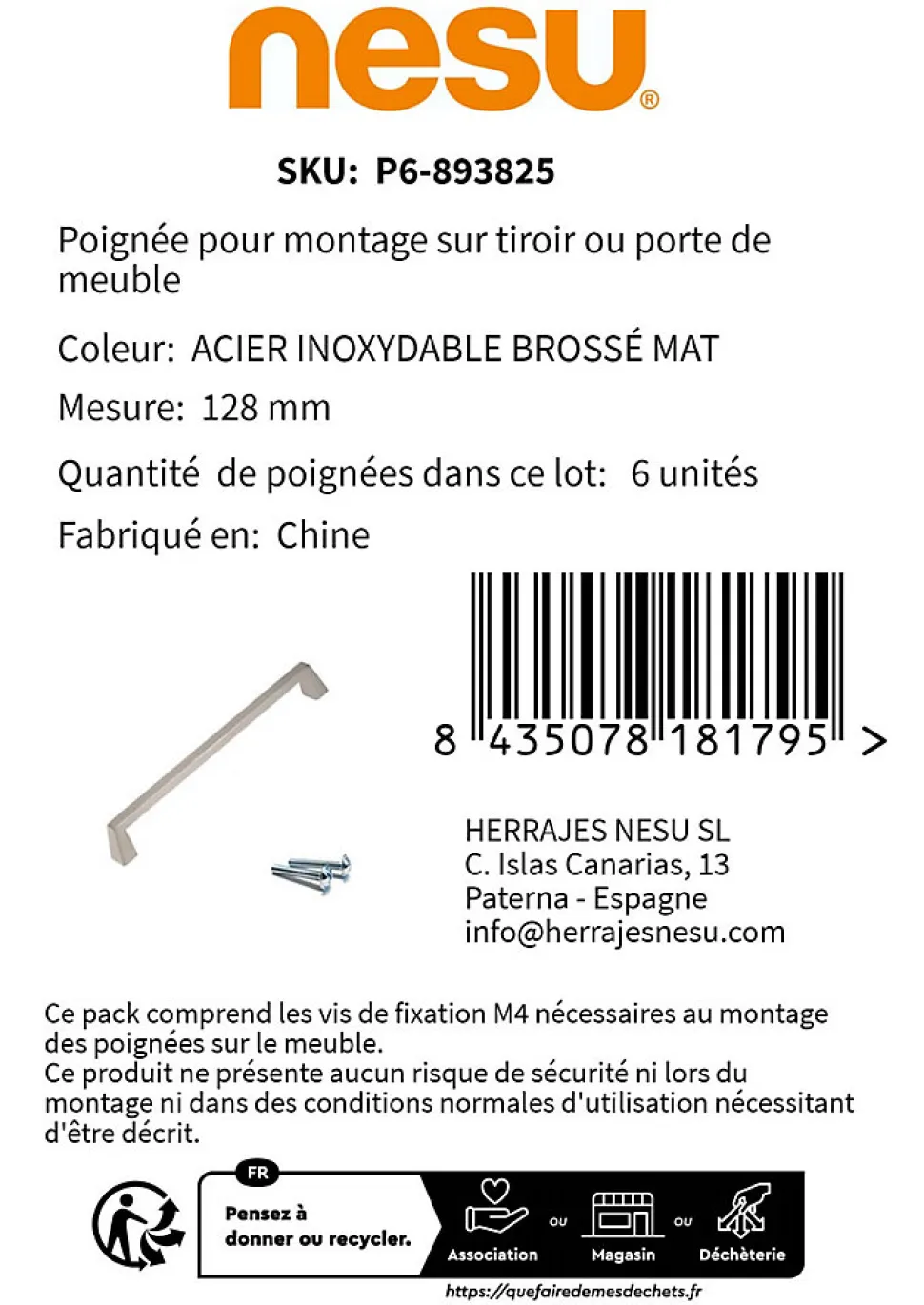6 Un. poignées de meuble en 128MM inox mat cuisine porte tiroir armoire