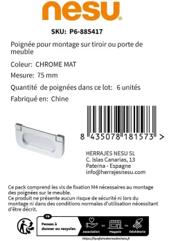 6 Un.poignées de meuble en 64MM chromé mat pour tiroir armoire